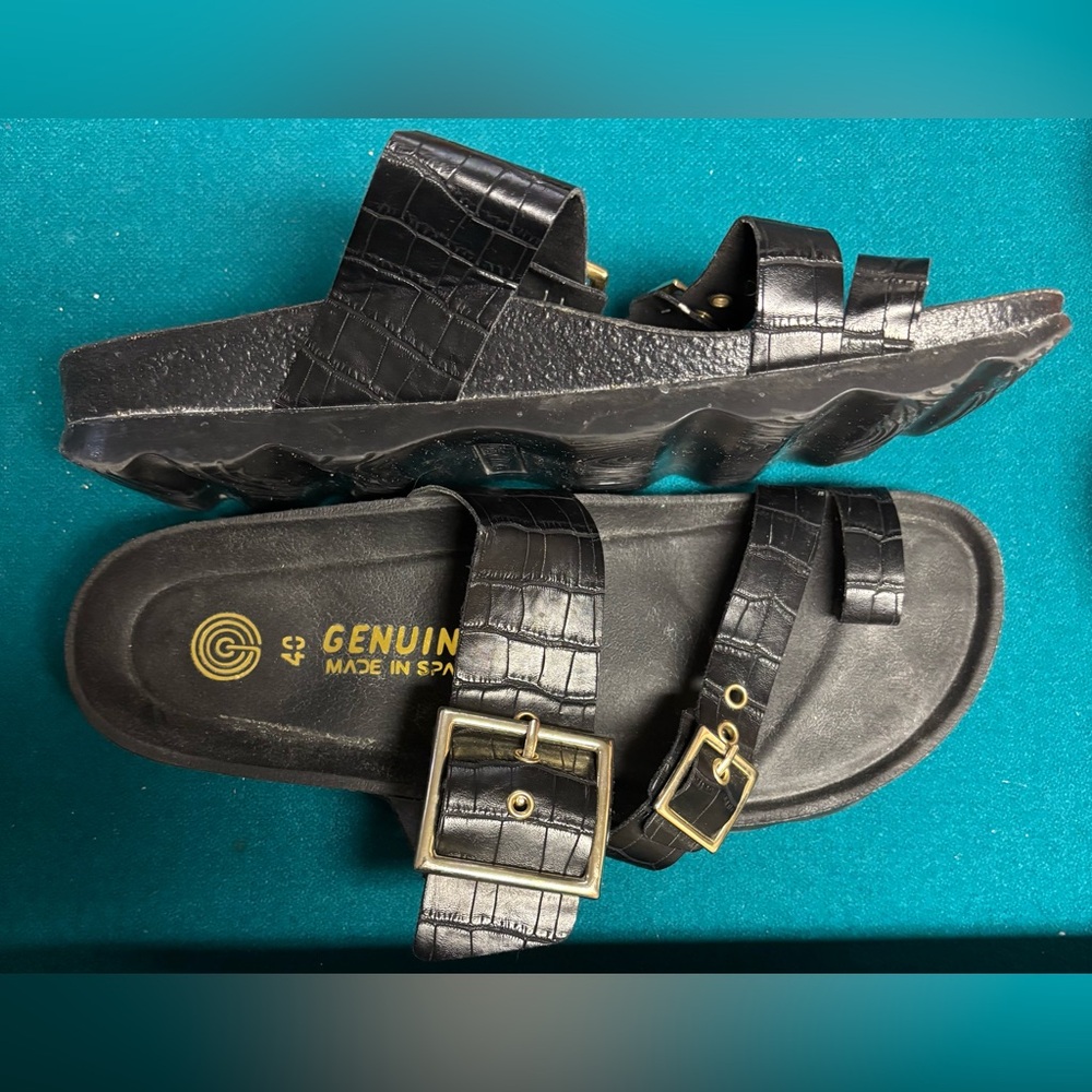 Genuins Black Sandals with Gold Buckles